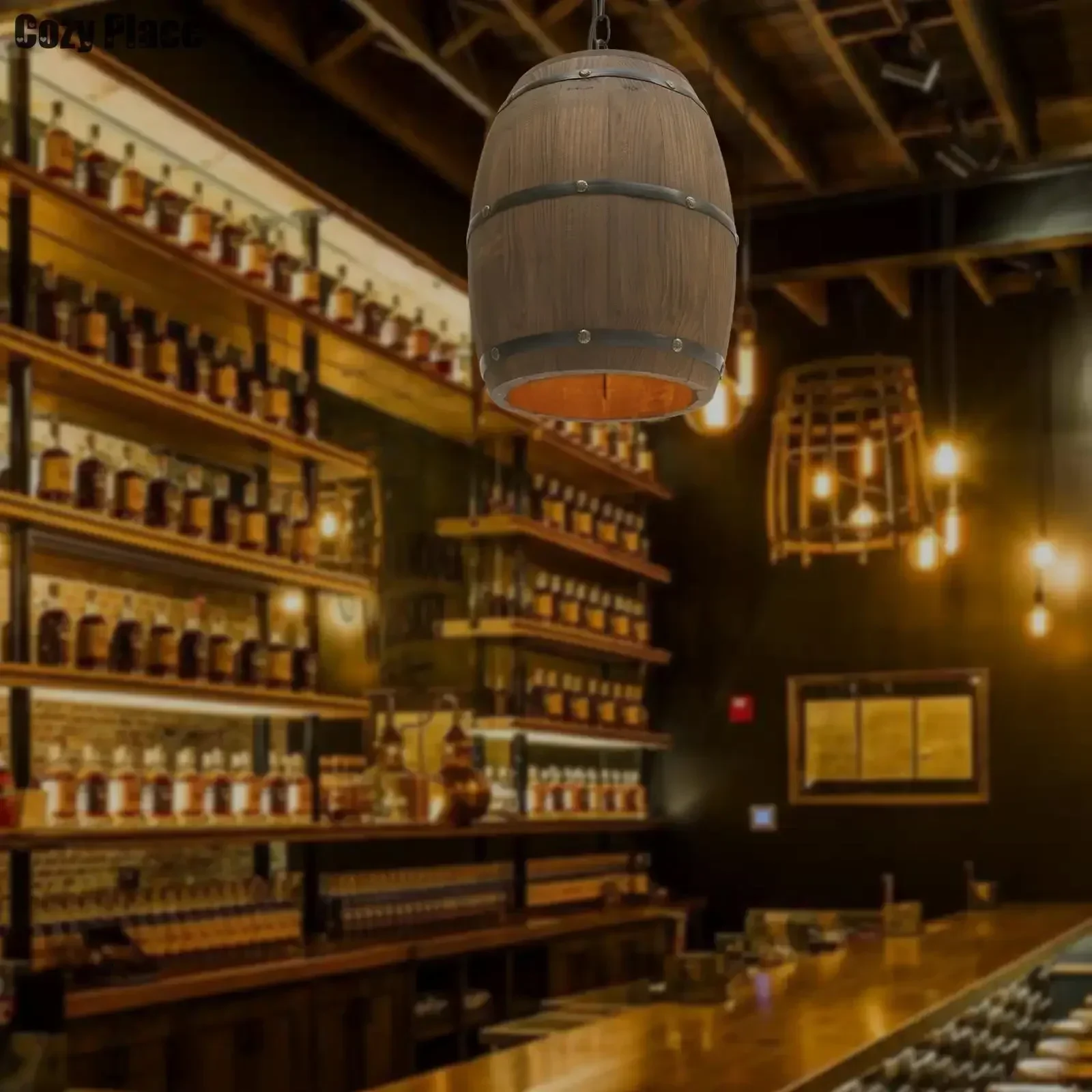 Wine & Beer Emporium - 소박한 빈티지 샹들리에 나무 펜던트 조명
